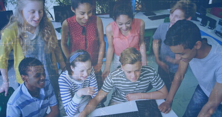 Poster - Image of mathematical equations over smiling students using computer