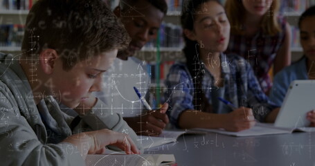 Poster - Image of mathematical equations over school children using tablet in classroom