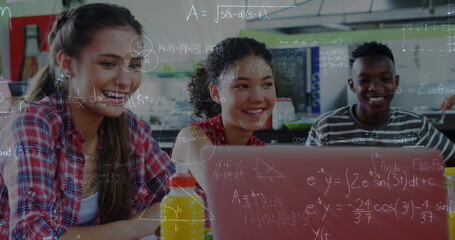 Poster - Image of mathematical equations over school children using laptop in classroom
