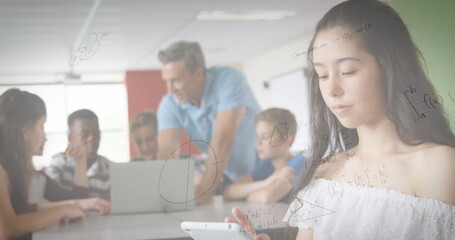 Poster - Image of mathematical equations over school children using smartphone and laptop in classroom