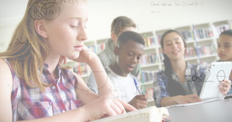 Poster - Image of mathematical formulas over students in classroom