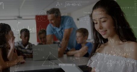 Poster - Image of mathematical equations over school children using laptop and smartphone in classroom