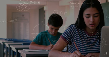 Poster - Image of mathematical equations with school children writing in classroom