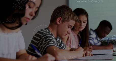 Poster - Image of mathematical equations over school children writing in classroom