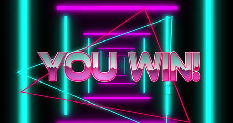 Poster - Image of you win text over moving shapes on black background