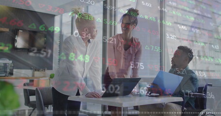 Poster - Image of data processing over diverse business people in office