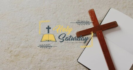 Wall Mural - Animation of holy saturday text over christian cross and book on grey background