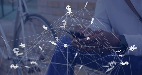 Poster - Animation of connections and currency symbols over biracial man using smartphone