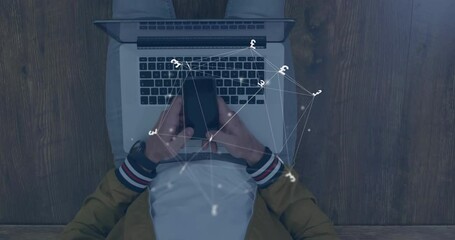 Poster - Animation of connections and currency symbols over biracial man using smartphone