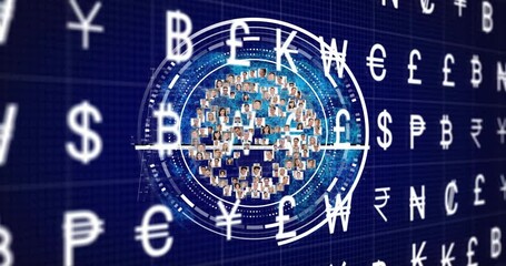 Poster - Animation of currency symbols and globe with photos on dark background