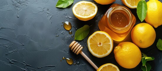 Poster - A closeup view of a black table featuring a jar of sweet honey and fresh lemons.