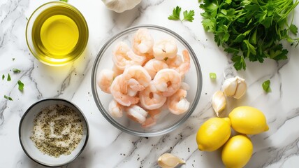 Wall Mural - Bowl of cooked shrimp, lemons, and fresh herbs on marble