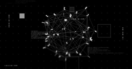 Poster - Animation of connections with currency signs and data processing over black background