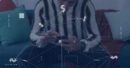 Poster - Animation of dollar sign, network and data processing over caucasian man using smartphone