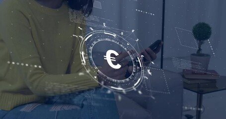 Poster - Animation of euro sign, network and data processing over caucasian woman using smartphone