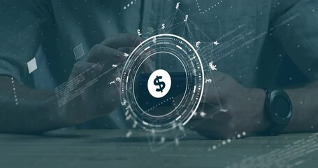 Poster - Animation of dollar sign, network and data processing over caucasian man using smartphone