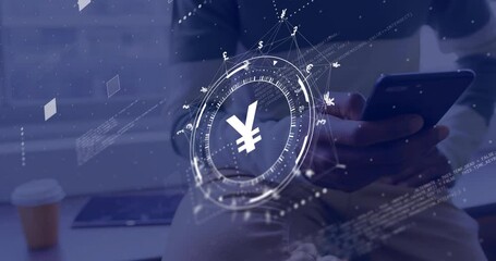 Poster - Animation of yen sign, network and data processing over caucasian man using smartphone