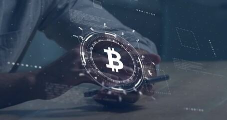 Poster - Animation of bitcoin sign, network and data processing over caucasian man using smartphone