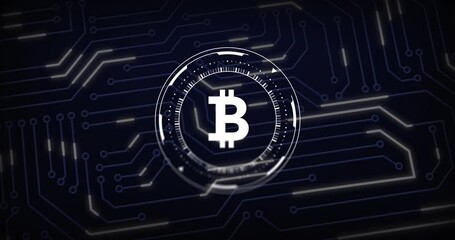 Poster - Animation of bitcoin sign, circuit board and data processing over black background