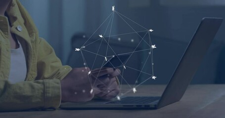 Poster - Animation of currency signs, network and data processing over caucasian woman using smartphone