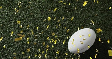 Poster - Animation of confetti over white rugby ball on grass