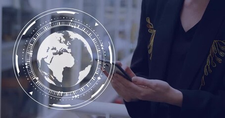 Poster - Animation of globe and data processing over caucasian woman using smartphone