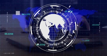 Poster - Animation of globe with data processing over desk