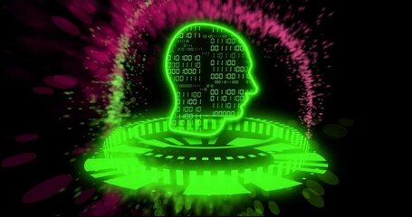 Poster - Animation of head, binary coding and data processing over dark background