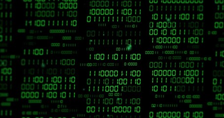 Animation of binary coding and data processing over dark background
