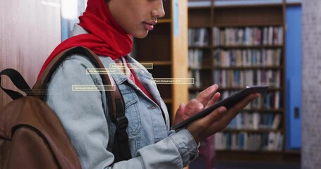 Poster - Animation of ai text and data over biracial female student in hijab with tablet