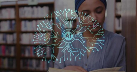 Poster - Animation of ai text, brain and data over biracial female student in hijab reading book