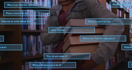 Poster - Animation of ai text and data over biracial female student in hijab with books