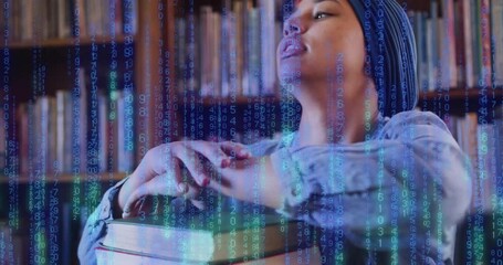 Poster - Animation of ai text and data over biracial female student in hijab with books
