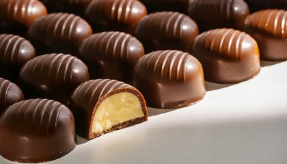 Filled with chocolate candy. Close-up. White background.
