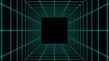 Fototapeta Perspektywa 3d - 3d retro futuristic aqua blue green abstract background. Wireframe neon laser swirl grid cube square tunnel lines with stars. Retroway synthwave videogame sci-fi. Illustration 8k futuristic