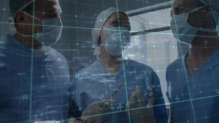 Wall Mural - Animation of data processing over diverse surgeons in hospital