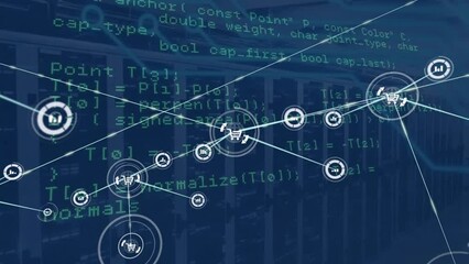Aufkleber - Animation of network of connections with icons and data processing over computer servers