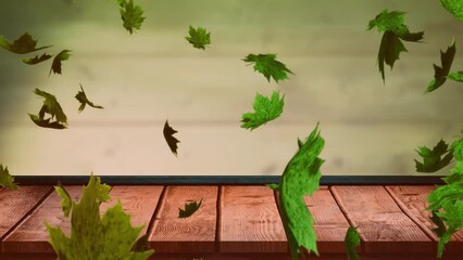 Poster - Animation of autumn leaves falling over wooden surface and green background