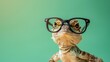 Small Chameleon lizard wearing glasses on green background. copy space. generative AI