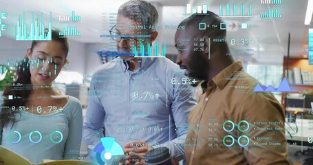 Poster - Animation of financial data processing over diverse business people in office
