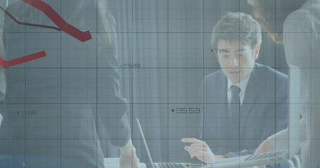 Poster - Animation of red lines and financial data processing over diverse business people in office