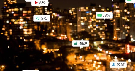 Poster - Animation of social media icons with growing numbers over cityscape