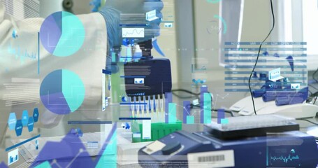 Poster - Animation of financial data processing over caucasian female scientist working in lab