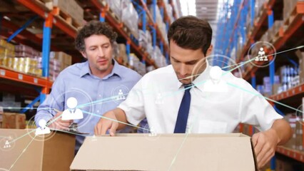 Poster - animation of network of connections with icons over diverse people working in warehouse