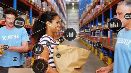 Poster - animation of network of connections with icons over diverse people working in warehouse