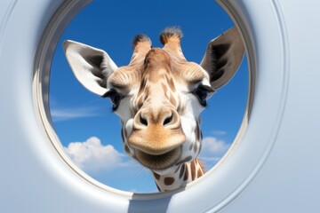 Friendly giraffe peeking through hole in wall with big smile, showcasing playful and curious nature in close-up shot. Unique wildlife image capturing beauty of nature and charm of giraffes.