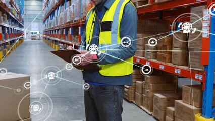 Poster - animation of network of connections with icons over caucasian man working in warehouse