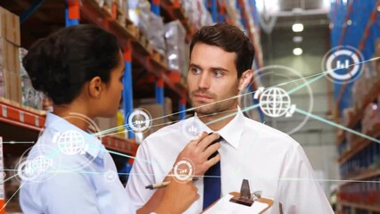Poster - animation of network of connections with icons over diverse people working in warehouse