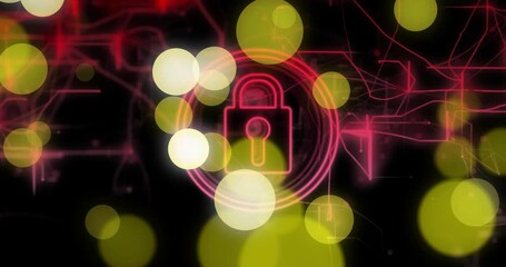 Poster - Animation of padlock, light trails and data processing over black background