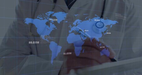 Poster - Animation of financial data processing over caucasian male doctor writing